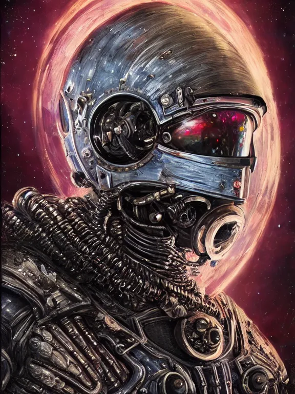 Image similar to portrait art of 8k ultra realistic undead retro futuristic astronaut vampire king , galaxy reflected in helmet , detailed intricate ornate armour,corrupted, cybernetic, full of colour, cinematic lighting, battered, trending on artstation, 4k, hyperrealistic, focused, extreme details,unreal engine 5, cinematic, masterpiece, art by ayami kojima, giger