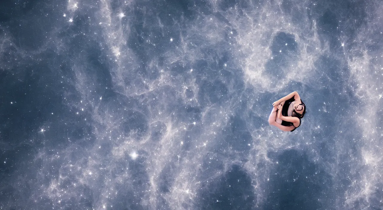 Image similar to one woman looking up while floating in space