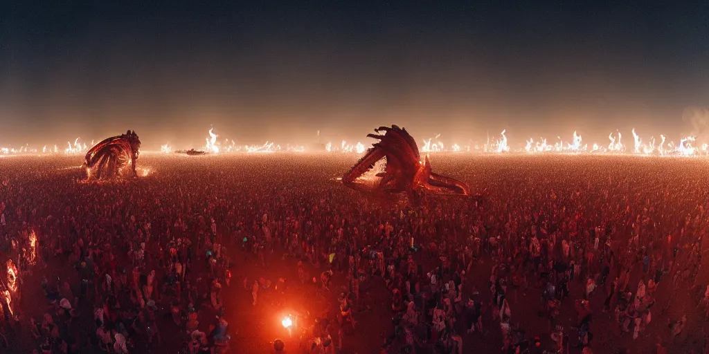 Prompt: wide angle view of a giant xenomorph in a crowd of people dancing at Burning Man in the desert at night, hd 35mm photography, big clouds, cinematic