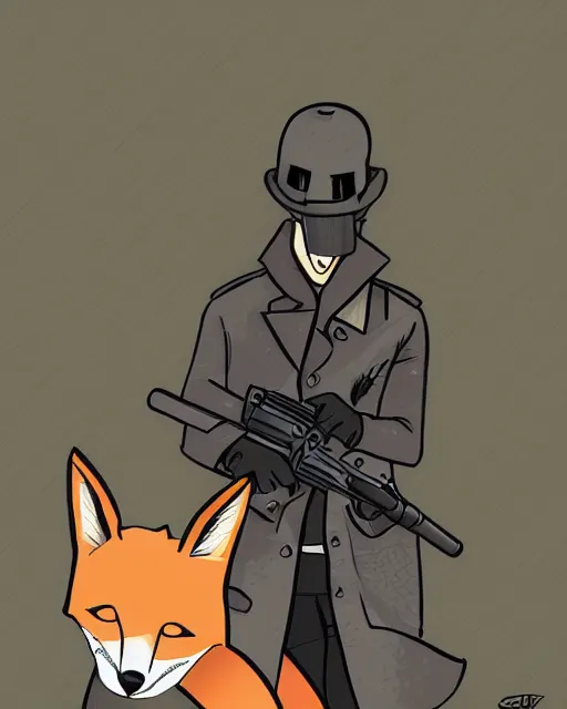 Image similar to a fox wearing a black trench - coat holding a mini - gun, comic art style, digital art,