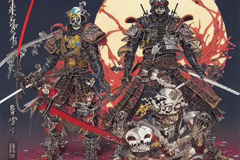 Image similar to portrait of a crazy skeletor samurai with japanese armor and helmet, by yoichi hatakenaka, masamune shirow, josan gonzales and dan mumford, ayami kojima, takato yamamoto, barclay shaw, karol bak, yukito kishiro