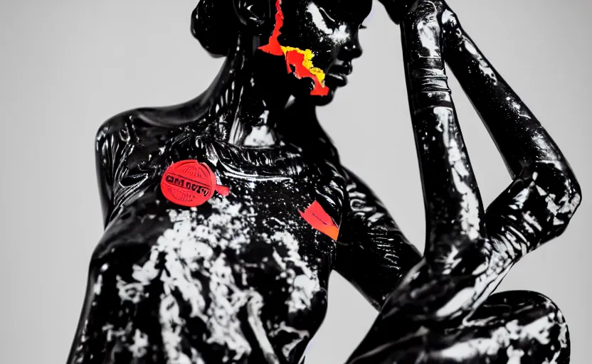 Image similar to extremely beautiful female black marble statue in the style of virgil abloh, colorful motocross logos behind her, sharp focus, clear, detailed,, cinematic, detailed, off white, glamourous, symmetrical, vogue, editorial, fashion, magazine shoot, glossy