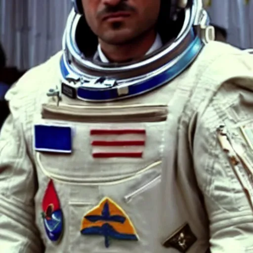 Image similar to close - up of a kurdish astronaut wearing a kurdistan flag badge in a movie directed by christopher nolan, movie still frame, promotional image, imax 7 0 mm footage