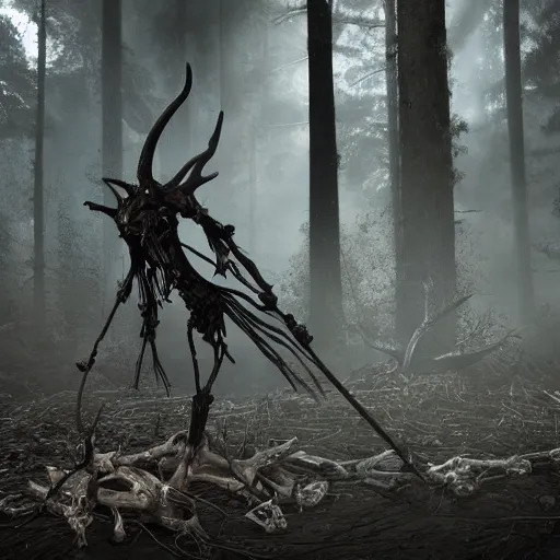 Prompt: full body shot of death made out of intrincate bones and corrupted antlers on a long broken black robe, wielding massive sickle with brutal shapes, inside a creepy forest patch, thin cigarret smoke wisps, volumetric light, realistic, cinematic, 8 k, panavision