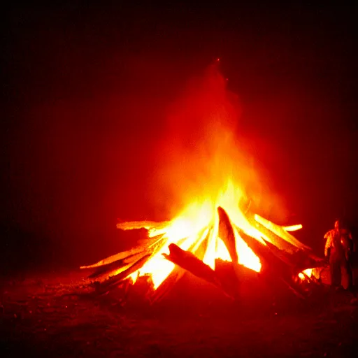 Prompt: cinestill of a huge scary xenomorph backlit by a big bonfire at night