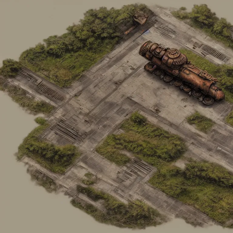 Prompt: 2 d overhead view, digital painted rusted dieselpunk tank virtual tabletop asset sheet, floor plan view, not isometric, roll 2 0, 2 - minute tabletop, battle map prop, black background, unity asset store, by greg rutkowski, trending on artstation