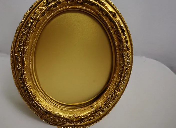 Prompt: beautiful baroque oval portrait picture frame, royal, gilded with gold, magical, fantasy, metallic, product photography