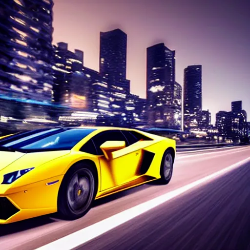 Prompt: Photograph of a yellow Lamborghini going fast on a highway, at night, 8k, focused, ultra-realistic, high detailed