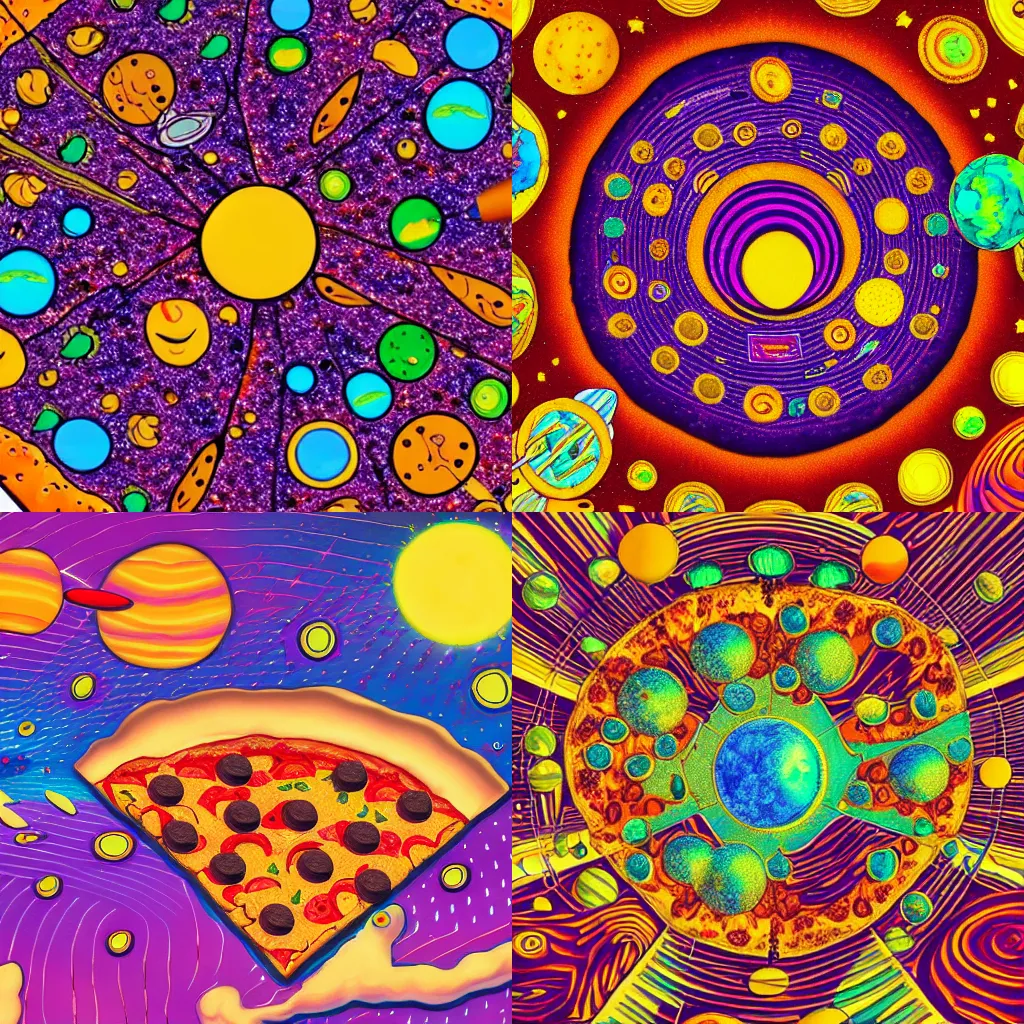 Prompt: pizza solar system, psychedelic, surreal, colorful, detailed, 4k