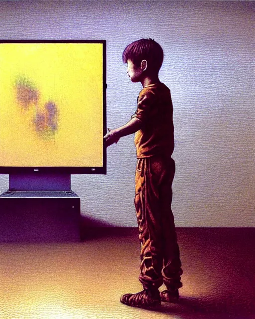 Prompt: early color photo of an boy standing in front of a computer from 90s with a game doom2 at the monitor screen, Beksinski impasto painting, part by Adrian Ghenie and Gerhard Richter. art by Takato Yamamoto, masterpiece