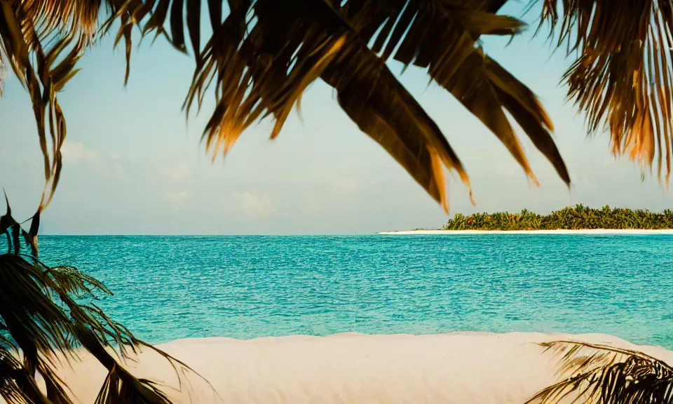 Image similar to 35mm film still, morning light over an island in the maldives, color palette of gold