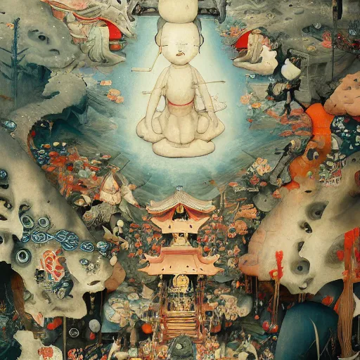 Image similar to Japanese Temple by Hieronymus Bosch and James Jean, Ross Tran, very coherent, hypermaximalist, 8k, surreal oil painting, highly detailed, dream like, masterpiece