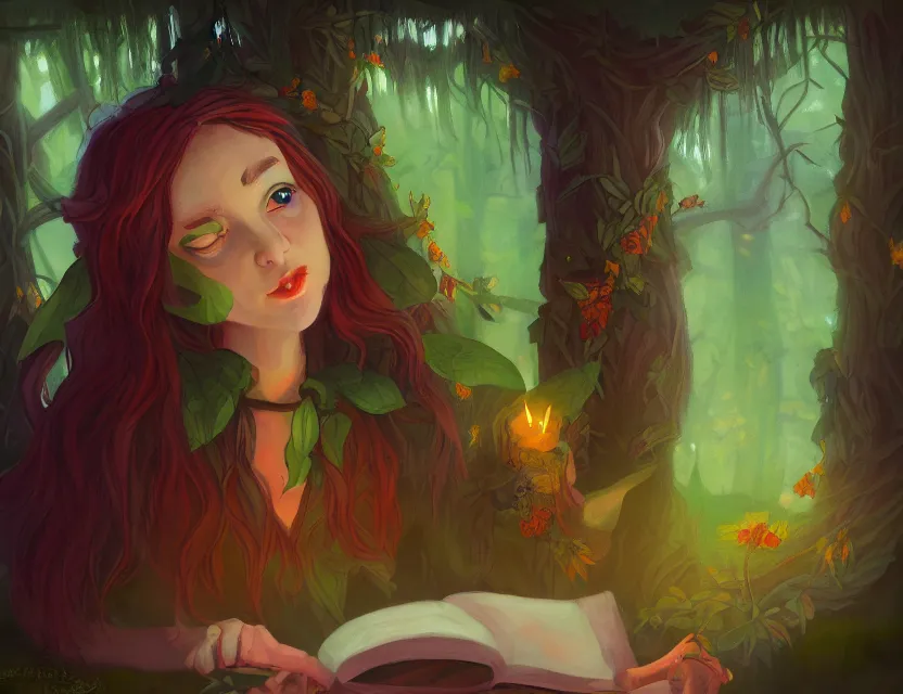 Prompt: forest witch girl in a cozy study. complementary colors, oil painting, indie concept art, bloom, chiaroscuro, backlighting, intricate details.