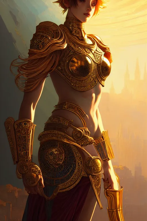 Image similar to portrait knights of zodiac girl, golden and copper shining armor, in ruined agora of athens sunrise, ssci - fi and fantasy, intricate and very very beautiful and elegant, highly detailed, digital painting, artstation, concept art, smooth and sharp focus, illustration, art by tian zi and ilya kuvshinov and wlop and alphonse mucha