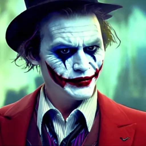 Prompt: awe inspiring Johnny Depp playing The Joker 8k hdr movie still dynamic lighting