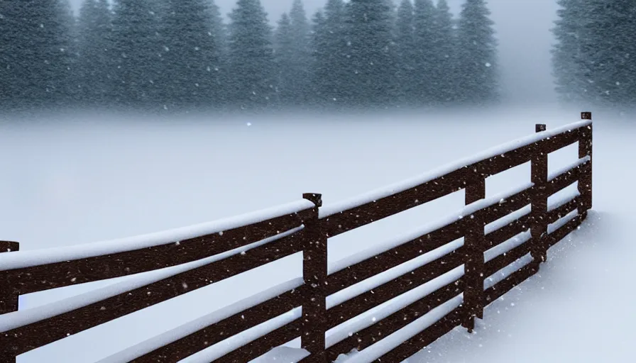 Image similar to wooden guardrails covered by snow in beautiful winter landscape. fog, snowstorm, photorealistic rendering, octane