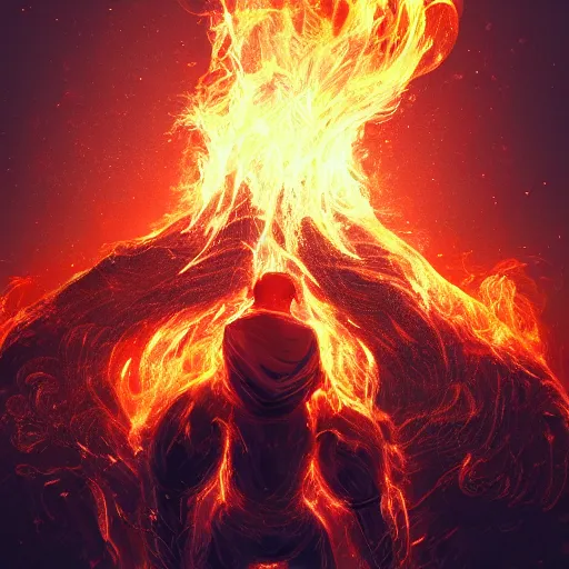 Image similar to a man kneeling before a gigantic god - like figure wrapped in smoke and flames. low - angle. artstation. digital art.