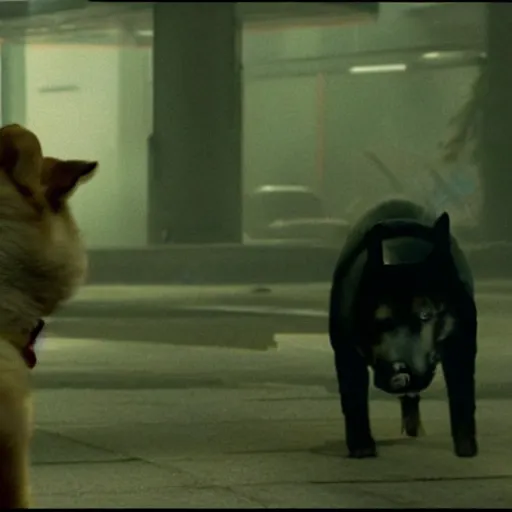 Prompt: A man in post-apocalyptic clothes wearing a latex mask of a Shiba Inu as Robert Neville in I Am Legend (2007), film grain, dof, chromatic aberration
