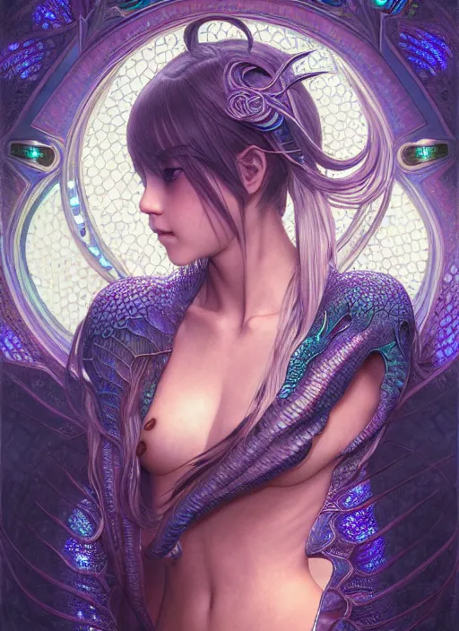 Image similar to symmetry!! portrait of a water dragon woman, very anime, fantasy, dragon scales, glowing lights!! intricate, elegant, highly detailed, digital painting, artstation, concept art, official media, smooth, sharp focus, illustration, art by sakimichan and artgerm and greg rutkowski and alphonse mucha