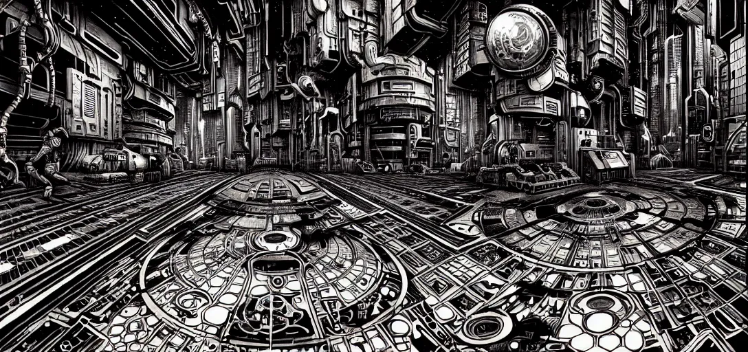 Prompt: cyberpunk steampunk tiled floor, 1 - point perspective, high details, bold line art, by vincent di fate and joe fenton, inking, screen print, masterpiece, trending on artstation, sharp, high contrast, hyper - detailed,, hd, 4 k, 8 k