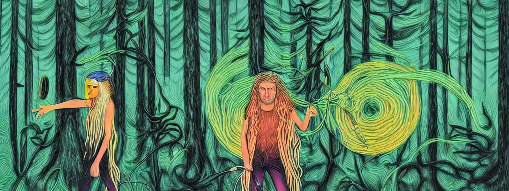 Prompt: a technogaianist long-haired blonde digital musician playing modular synthesizer in the forest, technology and nature in harmony, postmodern surrealist psychedelic concert poster, grainy, hand drawn matte painting by Tara McPherson and Gary Houston, smooth, sharp focus, extremely detailed.