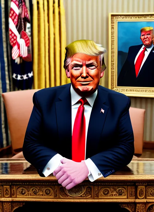 Prompt: donald trump showing fist in oval office, backround dark, highly detailed, digital illustration, trending in artstation, modern painting, smooth, sharp focus, intricate, einar jonsson, ilya repin