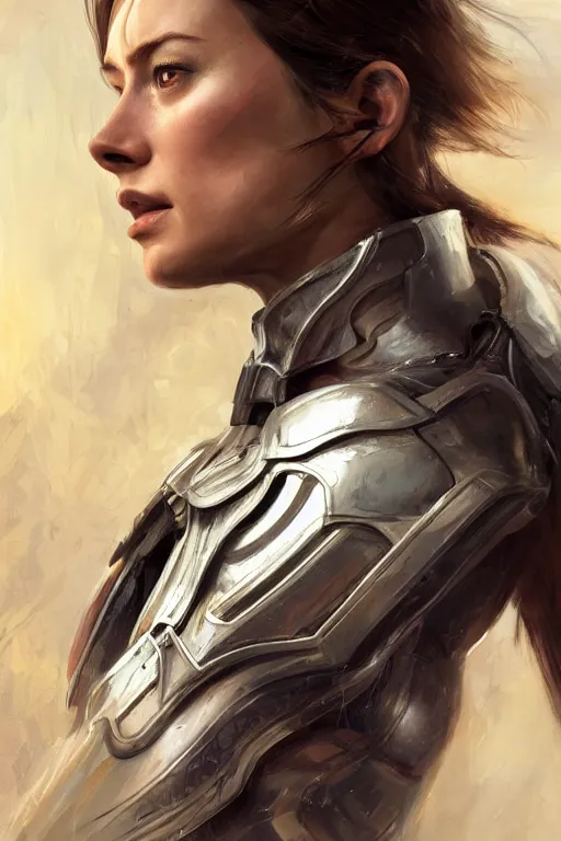 Image similar to a professional painting of a young Olivia Wilde, clothes in military armor, olive skin, long dark hair, beautiful bone structure, symmetrical facial features, intricate, elegant, digital painting, concept art, smooth, sharp focus, illustration, from StarCraft by Ruan Jia and Mandy Jurgens and Artgerm and William-Adolphe Bouguerea