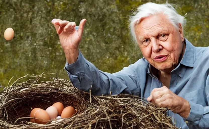 Image similar to david attenborough pointing at a cat in a big nest, lots of eggs. national geographic, strange, photorealistic