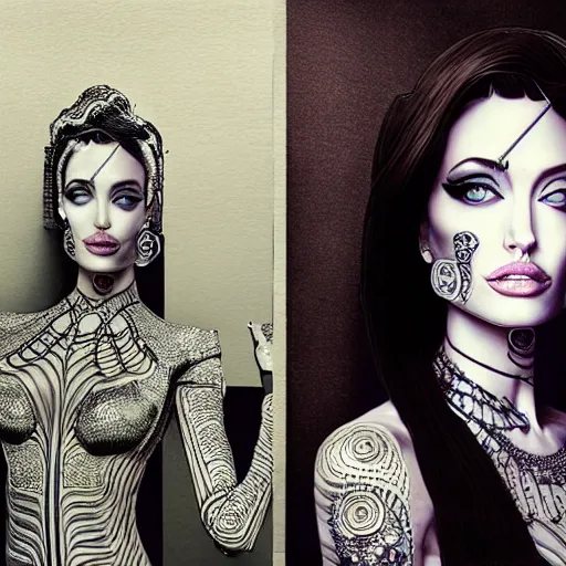 Image similar to the portrait of an absurdly elegant, sophisticated, fashionable ottomanpunk robotess idol, an ultrafine hyperdetailed illustration of angelina jolie and megan fox by kim jisu, intricate linework, neon wiring, electronics, porcelain skin, unreal engine 5 highly rendered, global illumination, radiant light, detailed and intricate environment, by rutkowski, artgerm, marvel comics