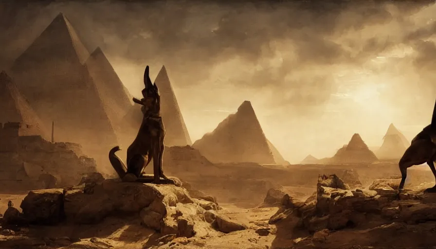 Image similar to beautiful landscape oil matte painting, of ancient egypt giant satue of anubis, art by anders zorn, wonderful masterpiece by greg rutkowski, beautiful cinematic light, thomas lawrence, greg rutkowski