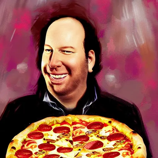 Image similar to A pizza eating Hans Zimmer, digital art