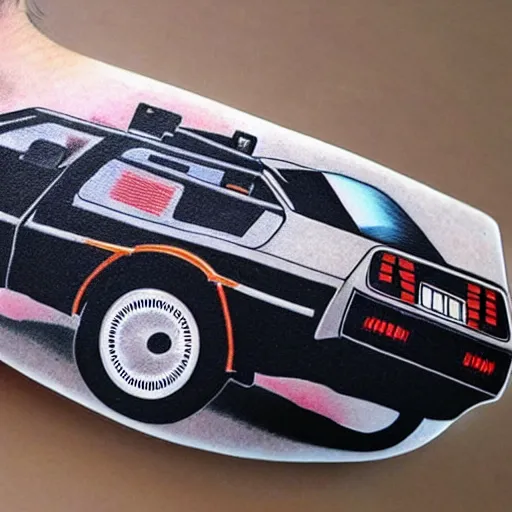 Image similar to a tatoo of delorean from back to the future,