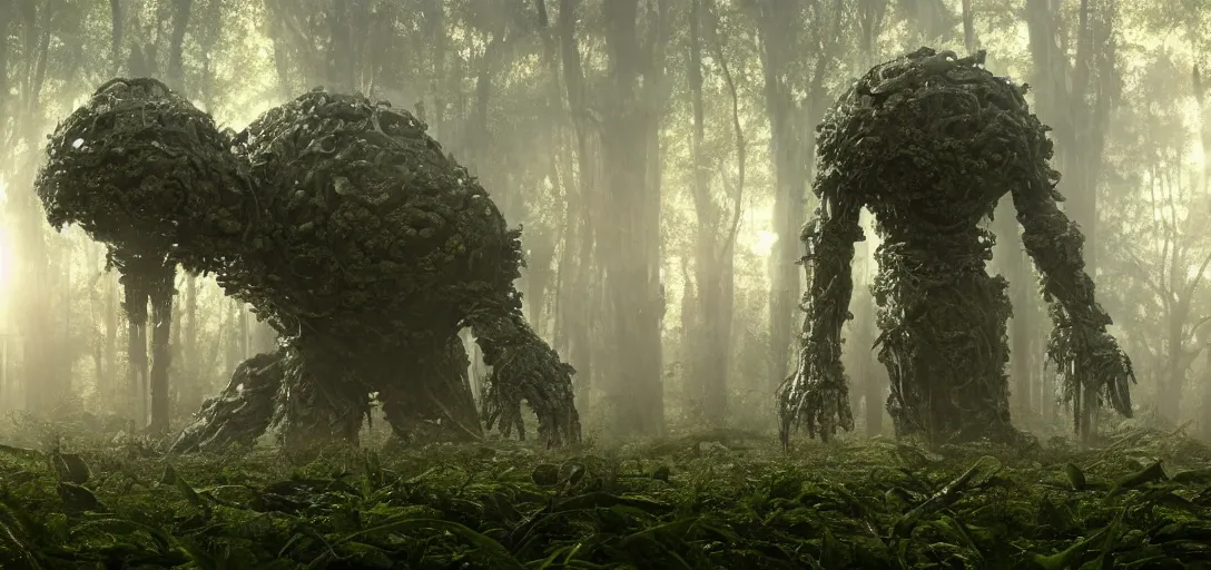 Image similar to a complex organic fractal 3 d metallic symbiotic ceramic humanoid megastructure creature in a swampy lush forest, foggy, sun rays, cinematic shot, photo still from movie by denis villeneuve, wayne barlowe