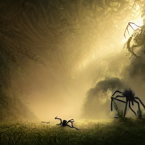 Image similar to an ugly giant spider, beautiful, realistic, 8 legs, atmosphere, vibe, forest, giant webs, ferns, bones, concept art illustration, color page, tone mapping, akihiko yoshida, james jean, andrei riabovitchev, marc simonetti, digital illustration, greg rutowski, volumetric lighting, sunbeams, particles