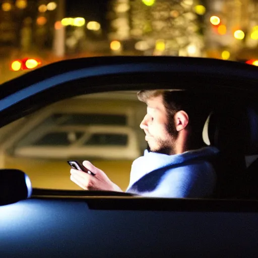 Prompt: Mystery man in the front of his car looking at his cell phone at night