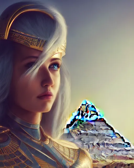 Image similar to girl exploring a pyramid, egyptian cyborg armor, white hair, atmosphere, gold, detailed, intricate, beautiful face, cinematic lighting, trending on artstation, blue eyes, 4 k, focused, extreme details, cinematic, masterpiece, by akihito tsukushi