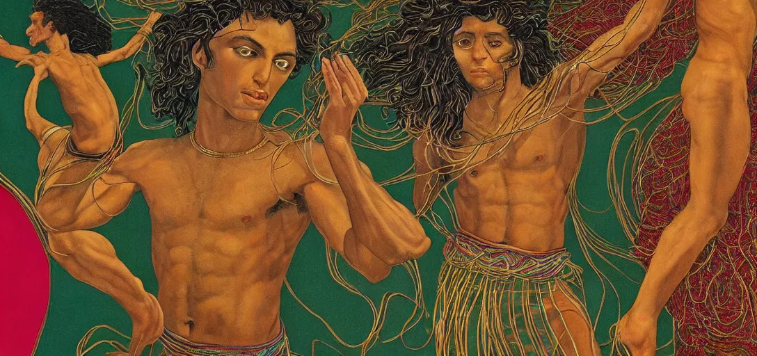 Image similar to an abstract spiritual background, a multiracial greek god dancing, green eyes. high contrast lines, great detail. 2 4 mm, photorealistic, muted color scheme, directed by mati klarwein and mat collishaw