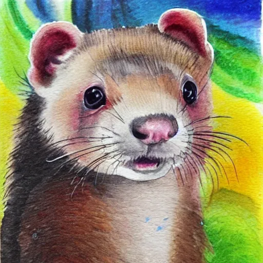 Image similar to rainbow ferret, aquarelle painting, high quality