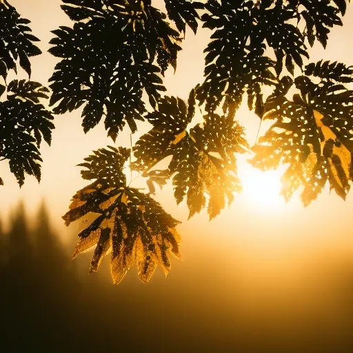 Prompt: closeup photo of tree leafs at sunset, backlighted, foggy, professional photo, nikon d 7 2 0 0, f / 1. 8