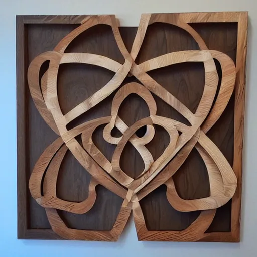 Image similar to a high quality photo of hanging wall art, 3D collage, intersecting, hearts and circles made of various hard woods, overlapping, layered, trending on Pinterest.