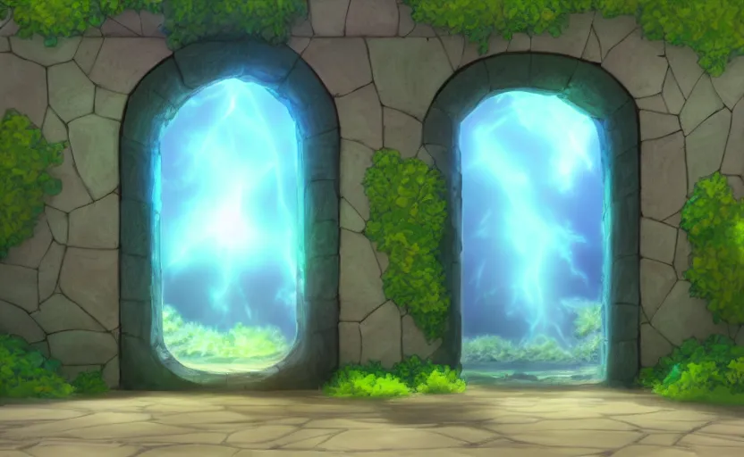 Image similar to a cell - shaded studio ghibli concept art study of a square dimensional portal doorway. water is flowing out of the portal. very dull colors, hd, 4 k, hq