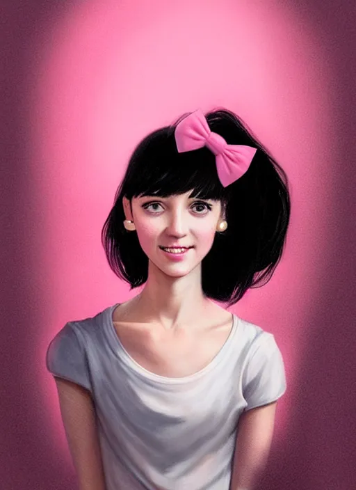 Image similar to portrait of high school girl, realistic, black hair, bangs, half updo hairstyle, pointy nose, skinny, smile, ugly, defined jawline, big chin, pink hair bow, earrings, intricate, elegant, glowing lights, highly detailed, digital painting, artstation, sharp focus, illustration, art by wlop, mars ravelo and greg rutkowski