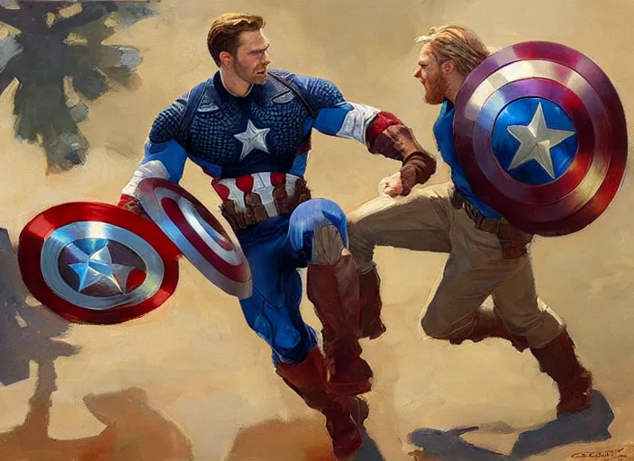 Image similar to a highly detailed beautiful portrait of captain america and thor sharing a moment, by gregory manchess, james gurney, james jean