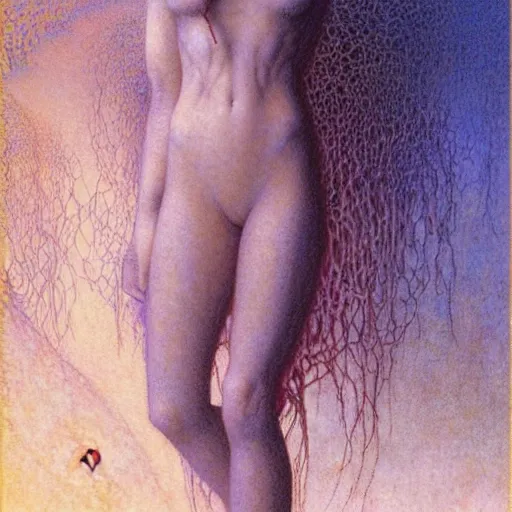 Image similar to cute young vampire tomboy girl with short short short dark hairs on lovecraftian planet by jean delville by luis royo and wayne barlowe, beksinski