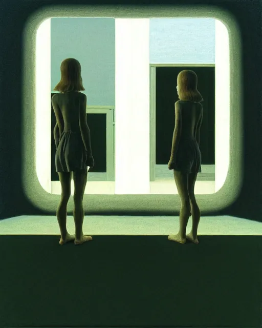 Image similar to two in the void, by the mirror, alex colville, stephen conroy, octane rendering