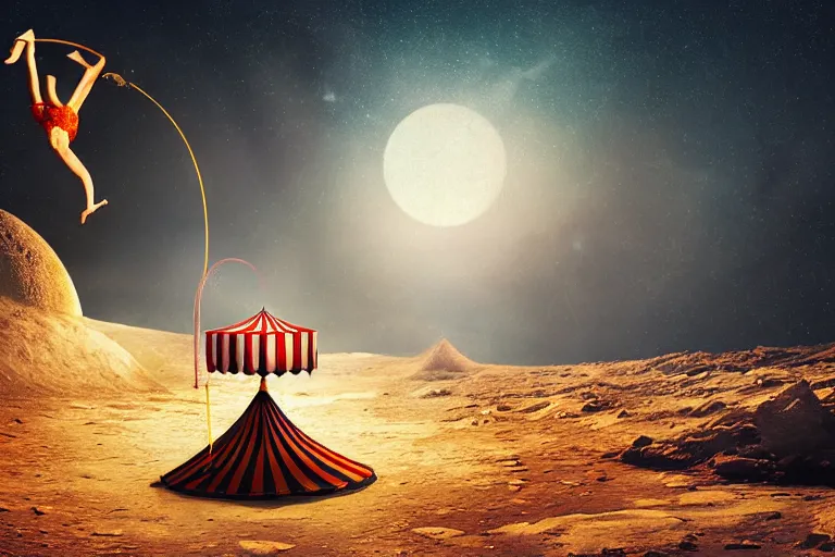 Image similar to circus on the surface of the moon, circus, magical, warm light, photo realistic