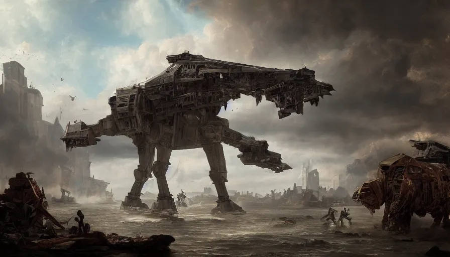 Prompt: baroque painting of at - at walking and destroying villages and cities, hyperdetailed, artstation, cgsociety, 8 k