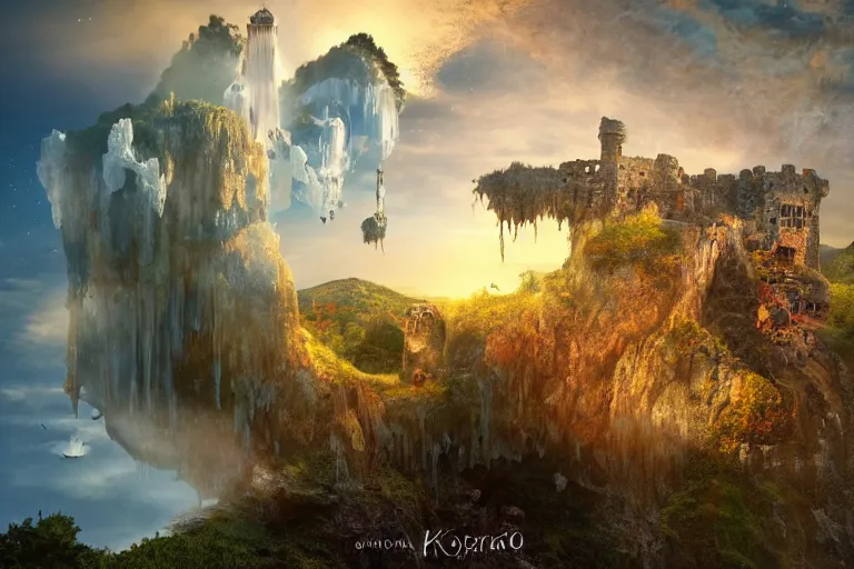 Image similar to a castle above the clouds, sunset, celestial birds, upside down waterfall of blood, mini planets, toumas korpi