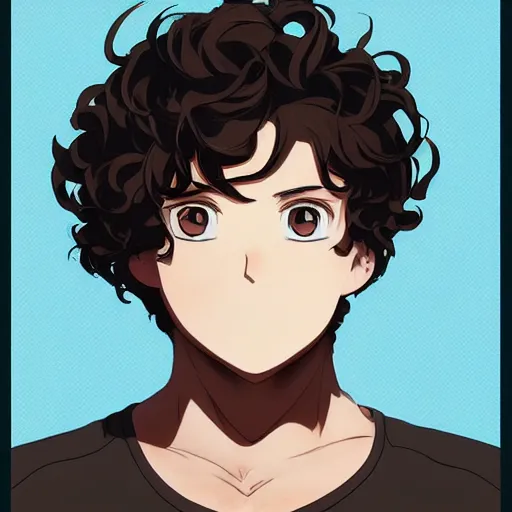 Prompt: An anime portrait of a mid-sized anime man with extremely short curly brown hair, chubby face, smirk, small grin, brown eyes, without glasses, wearing a t-shirt, his whole head fits in the frame, solid background, by Stanley Artgerm Lau, WLOP, Rossdraws, James Jean, Andrei Riabovitchev, Marc Simonetti, and Sakimi chan, trending on artstation