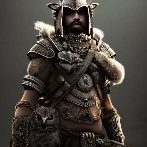 Image similar to warrior with owl armour, highly detailed, dramatic lighting, cinematic, 4k